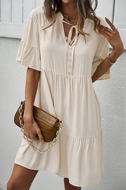 V Neck Button Up Solid Dress