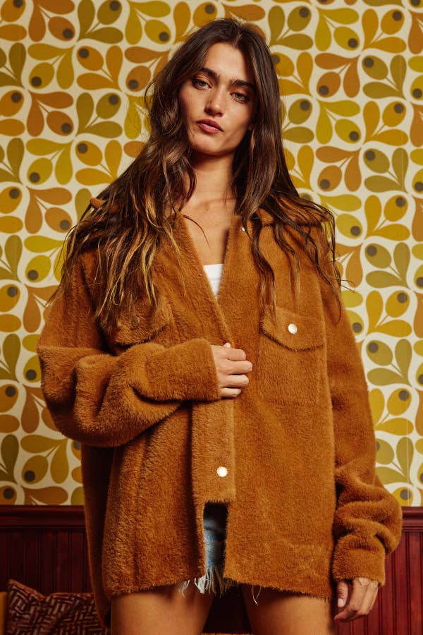 Camel Cozy Luxe Oversized Fur Jacket | Women’s Collared Snap-Front Shacket