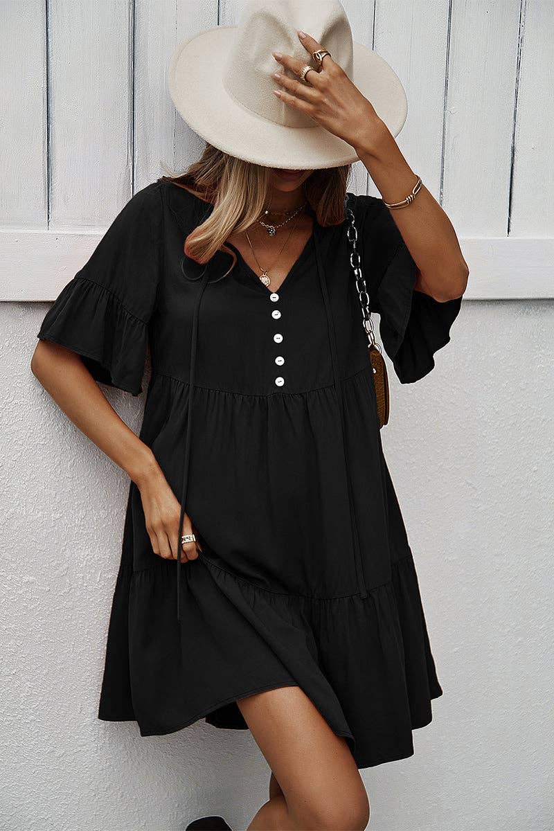 V Neck Button Up Solid Dress
