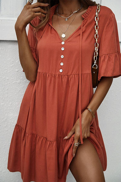 V Neck Button Up Solid Dress