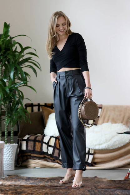 VEGAN LEATHER PLEAT FRONT PANTS