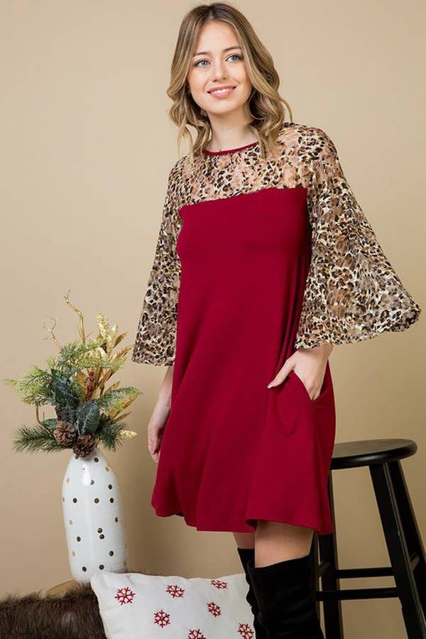 Cheetah Mesh Bell Sleeve Swing Dress