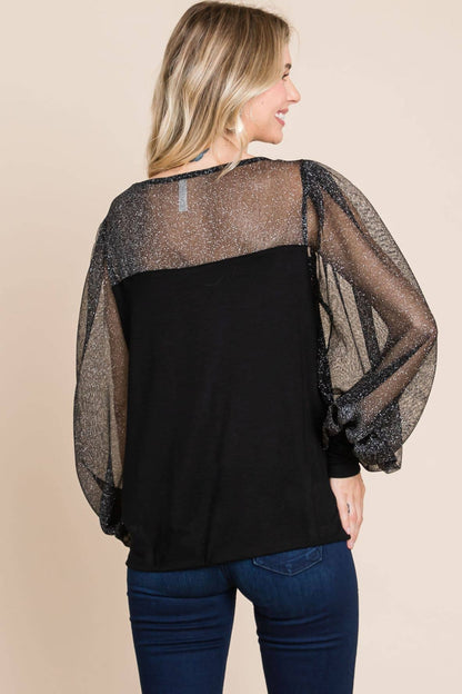 Solid Knit Top with Metallic Sleeves