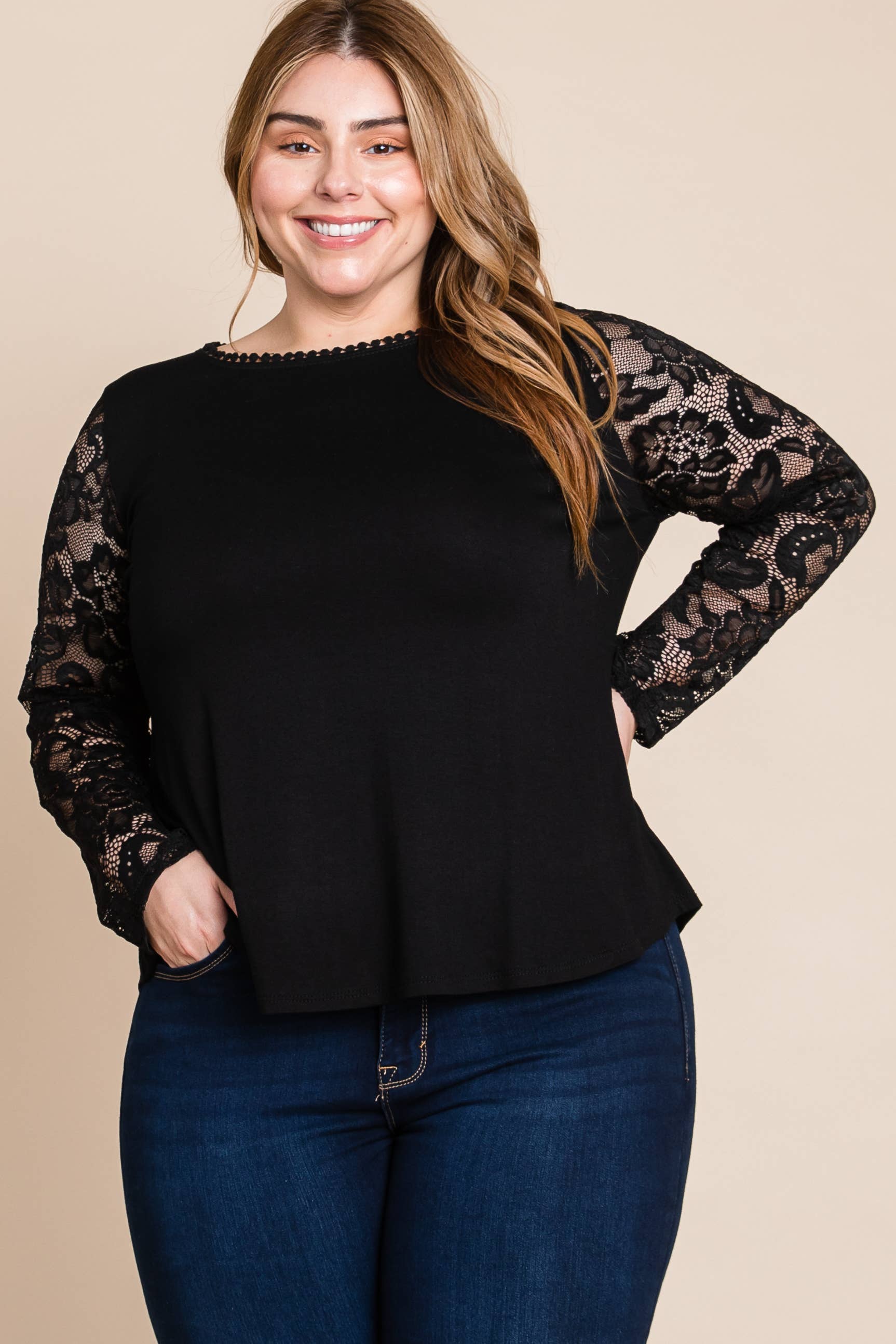 Solid Knit Top with Lace Mesh Sleeves