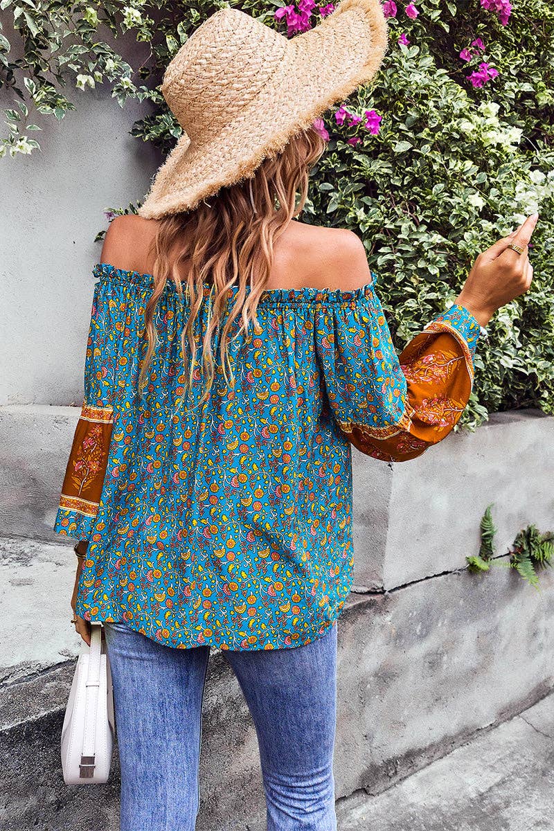 Off Shoulder Long Sleeve Drawstring Color Blocked Floral Top