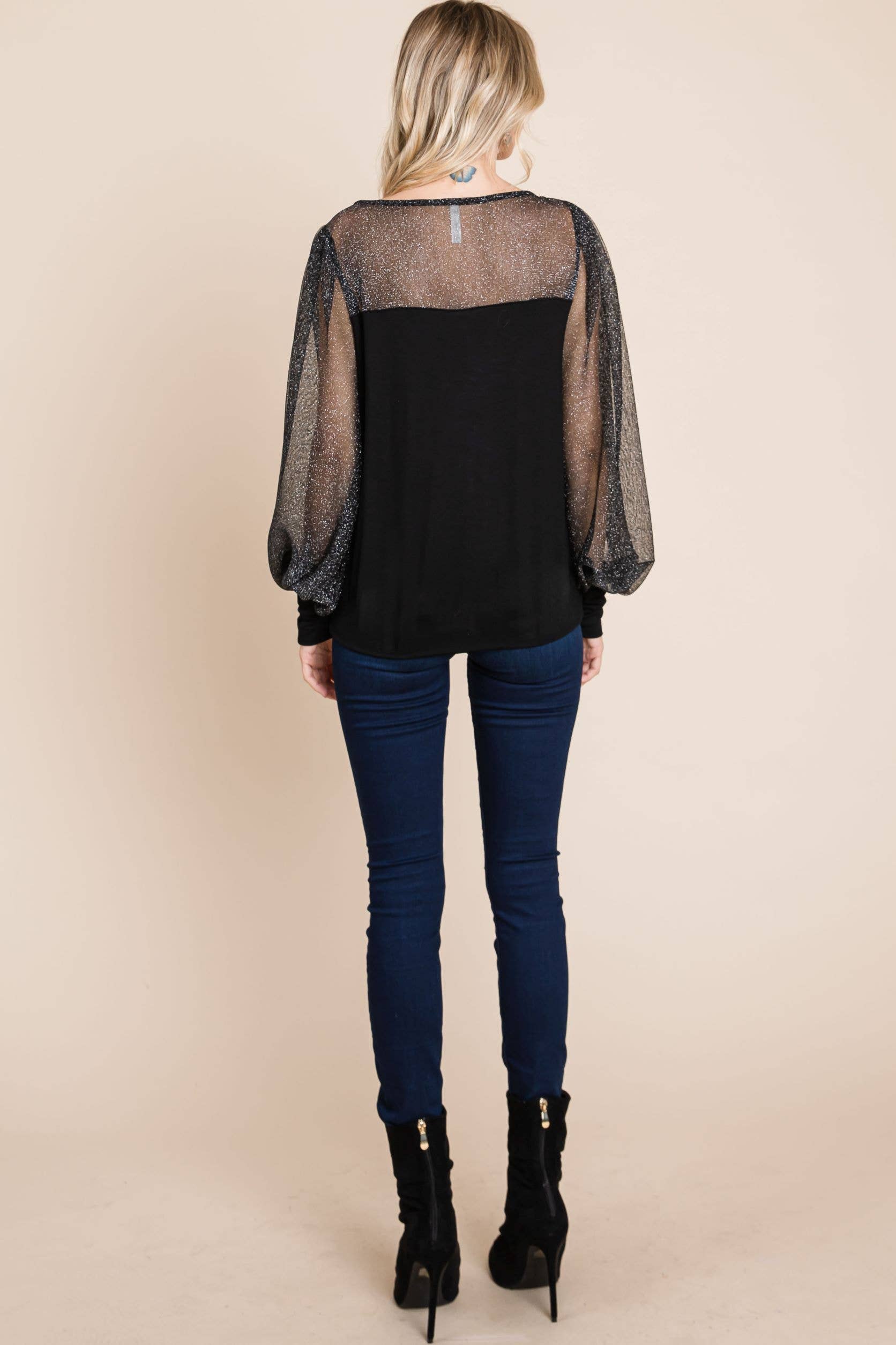 Solid Knit Top with Metallic Sleeves