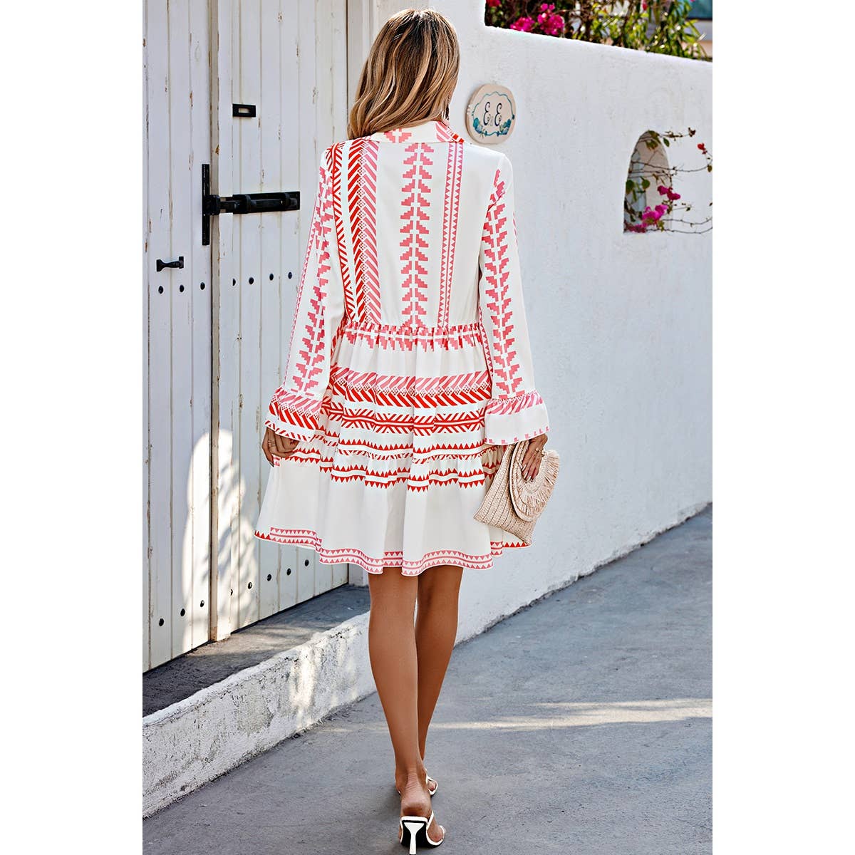 Allover Print Ruffle Button Trim Dress