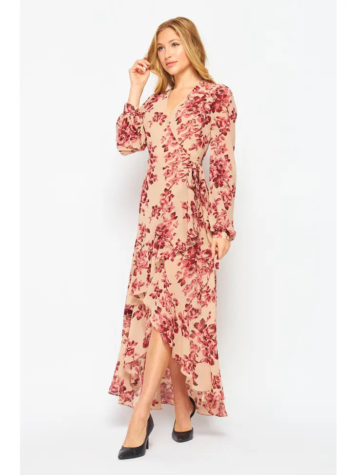 Floral Print Hi-Lo Woven Long Sleeve Wrap Dress - Bella Rosa Boutique