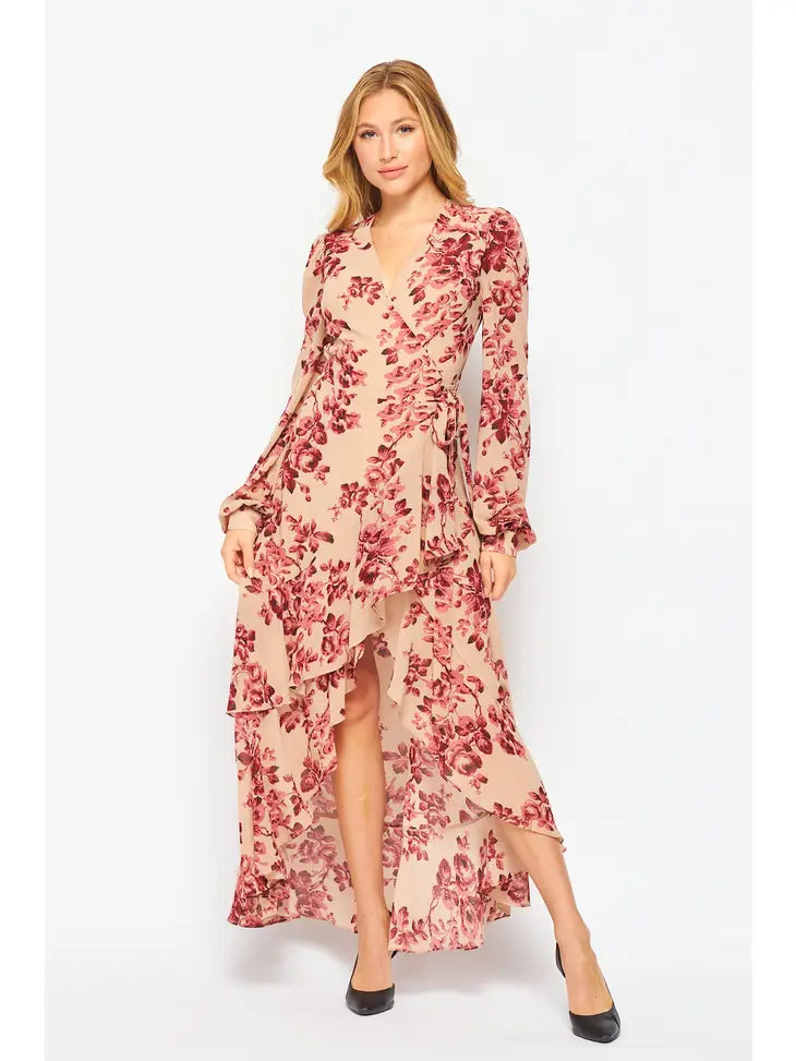 Floral Print Hi-Lo Woven Long Sleeve Wrap Dress - Bella Rosa Boutique