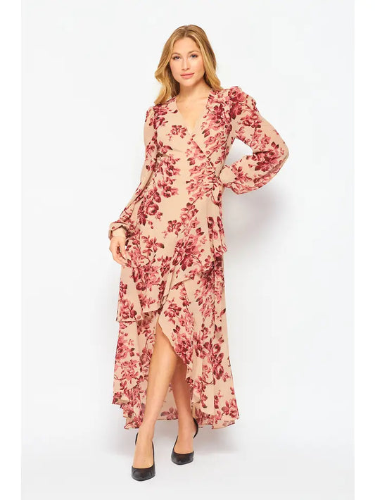 Floral Print Hi-Lo Woven Long Sleeve Wrap Dress - Bella Rosa Boutique