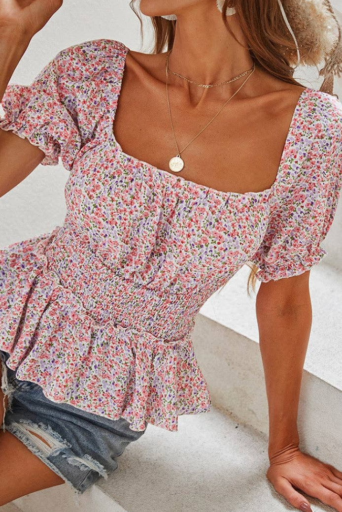 Pink Floral Puff Sleeve Top - Bella Rosa Boutique