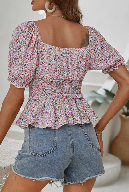 Pink Floral Puff Sleeve Top - Bella Rosa Boutique