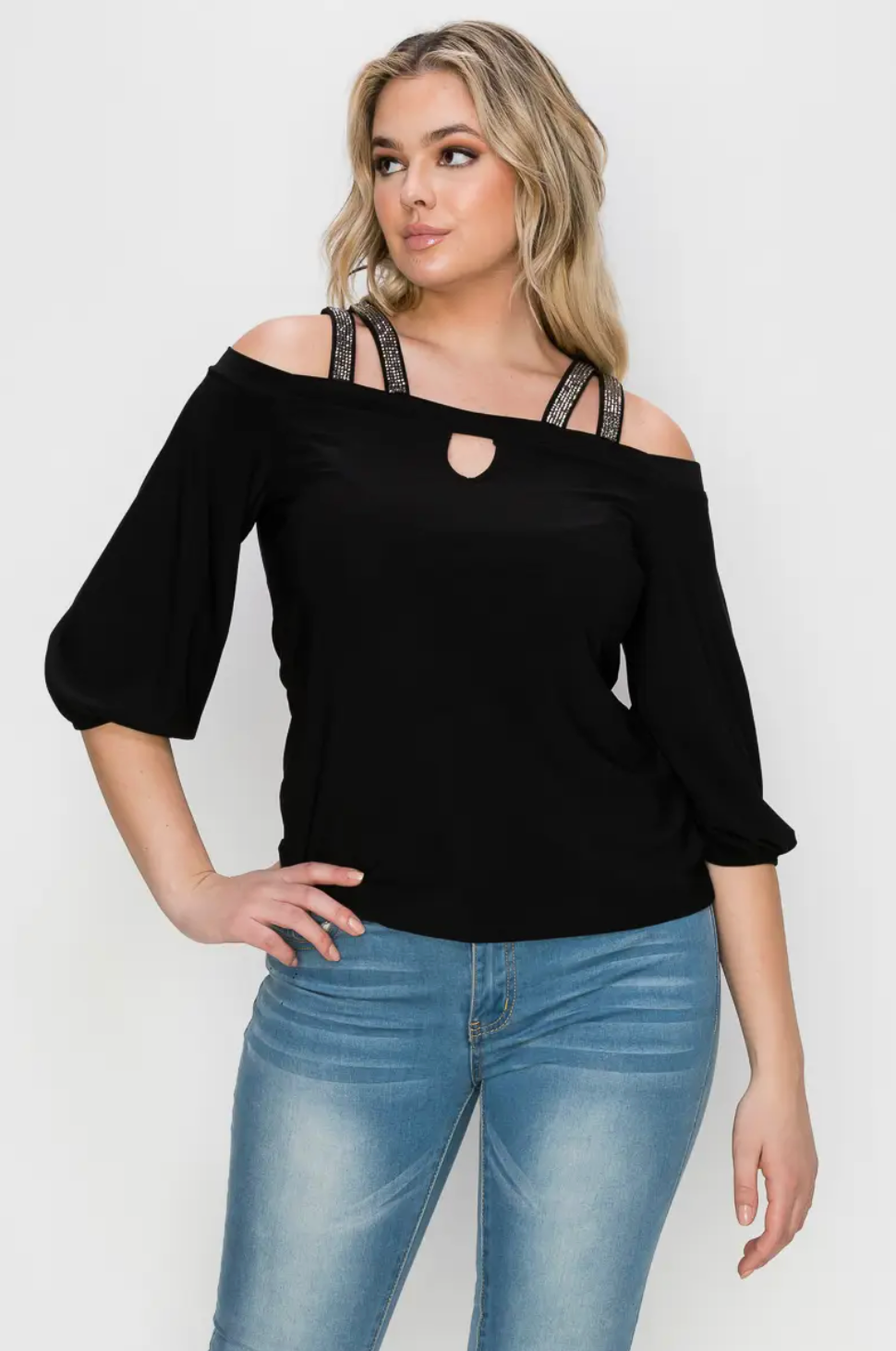 Embellished Double Strap Blouse - Bella Rosa Boutique