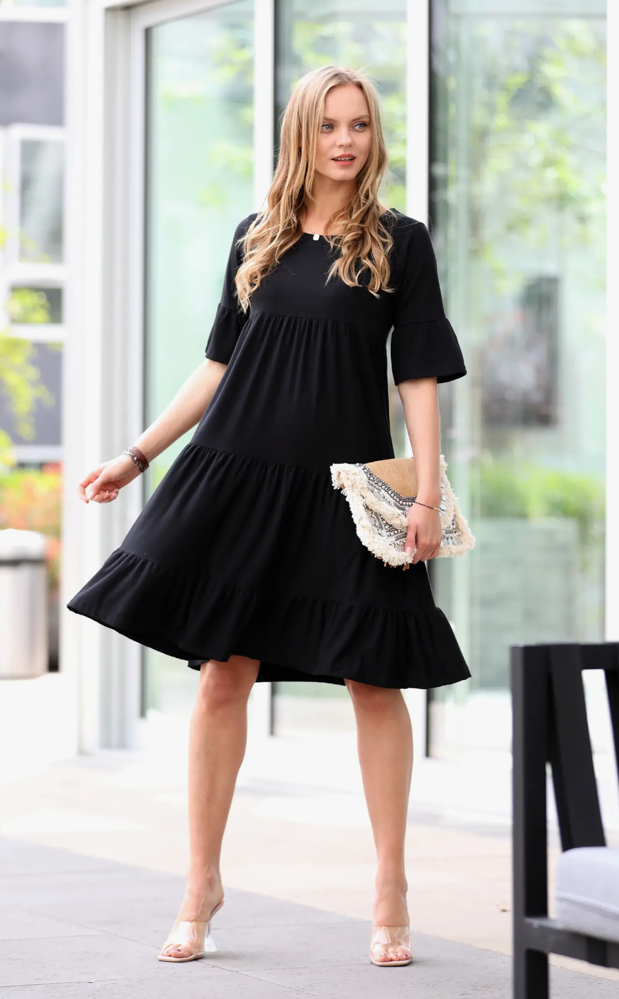 Black Ruffle Sleeve Tiered Dress - Bella Rosa Boutique