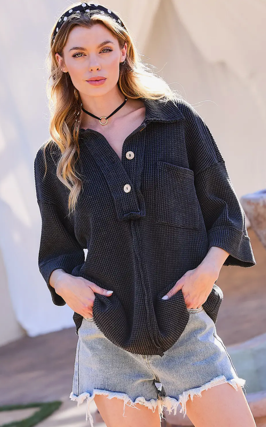 Charcoal Collar Neck Thermal Top - Bella Rosa Boutique