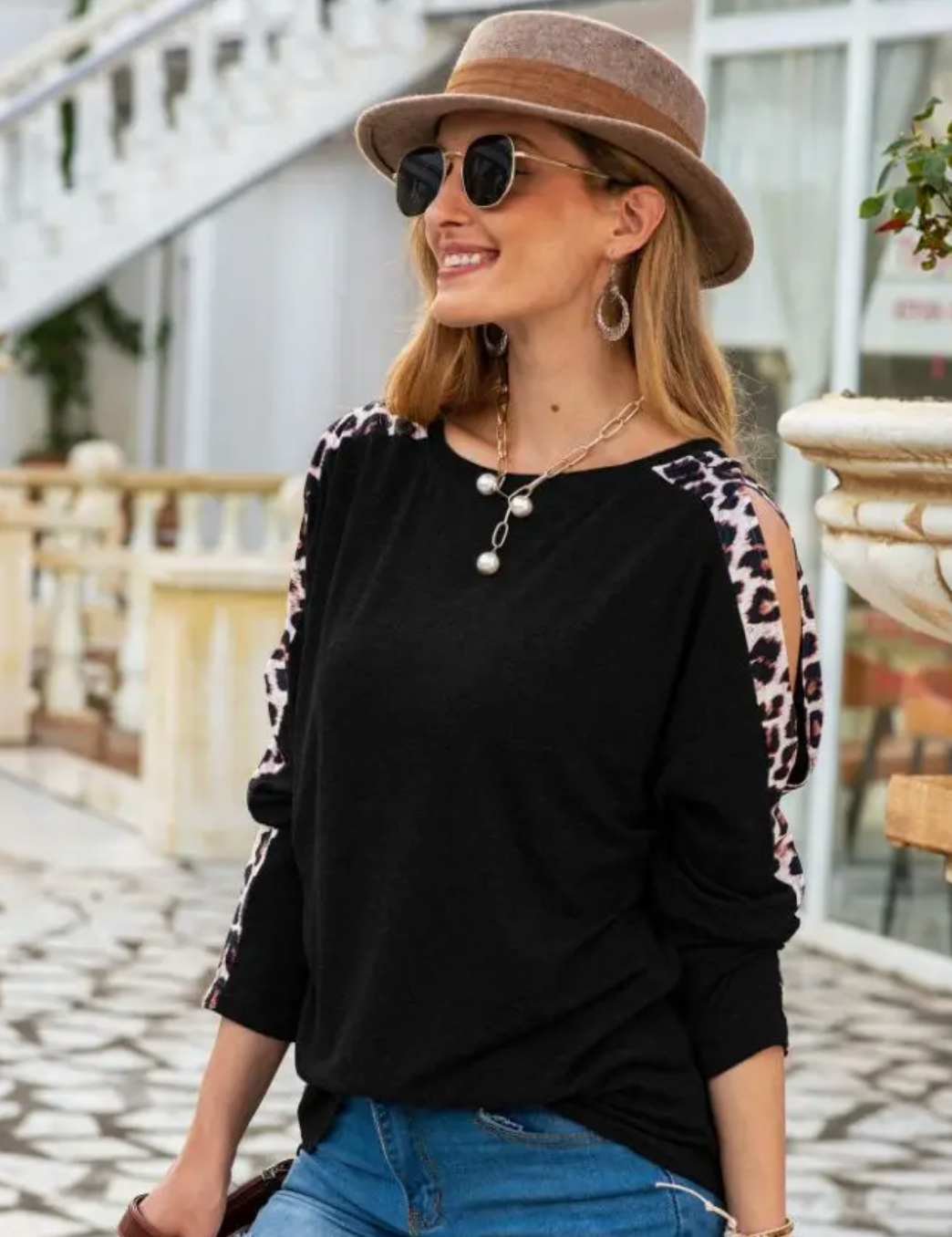 Leopard Slit Long Sleeve Top - Bella Rosa Boutique