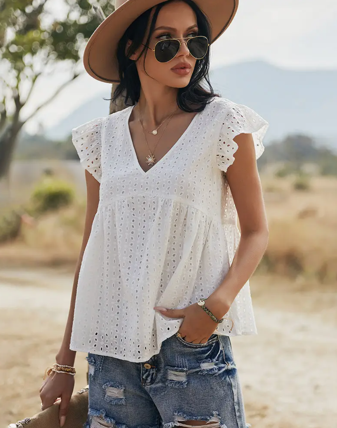 Babydoll Eyelet V-Neck Blouse