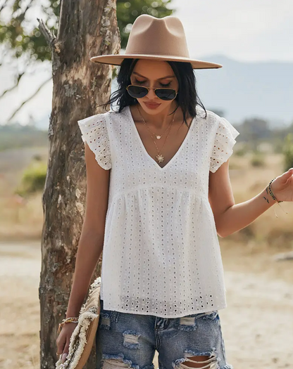 Babydoll Eyelet V-Neck Blouse