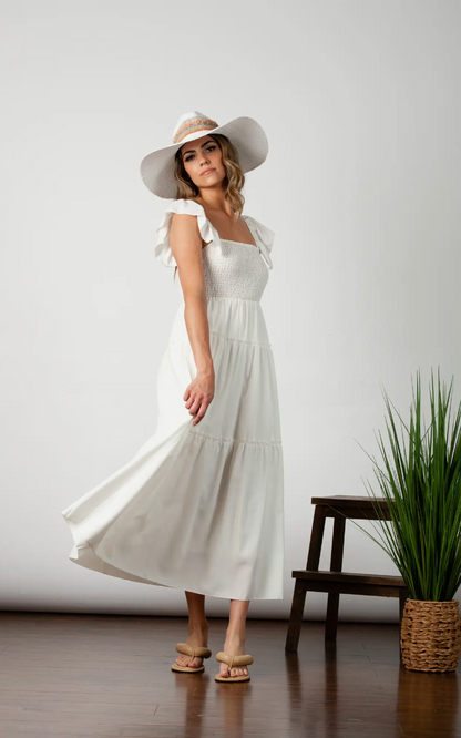 White Bodice Ruffle Strap Maxi Dress