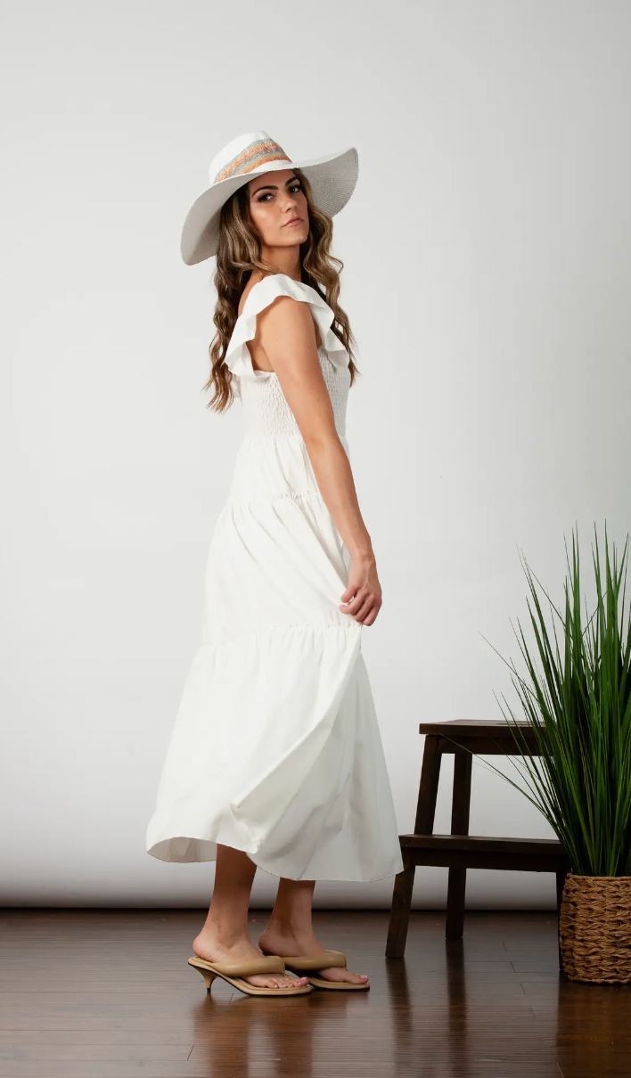 White Bodice Ruffle Strap Maxi Dress
