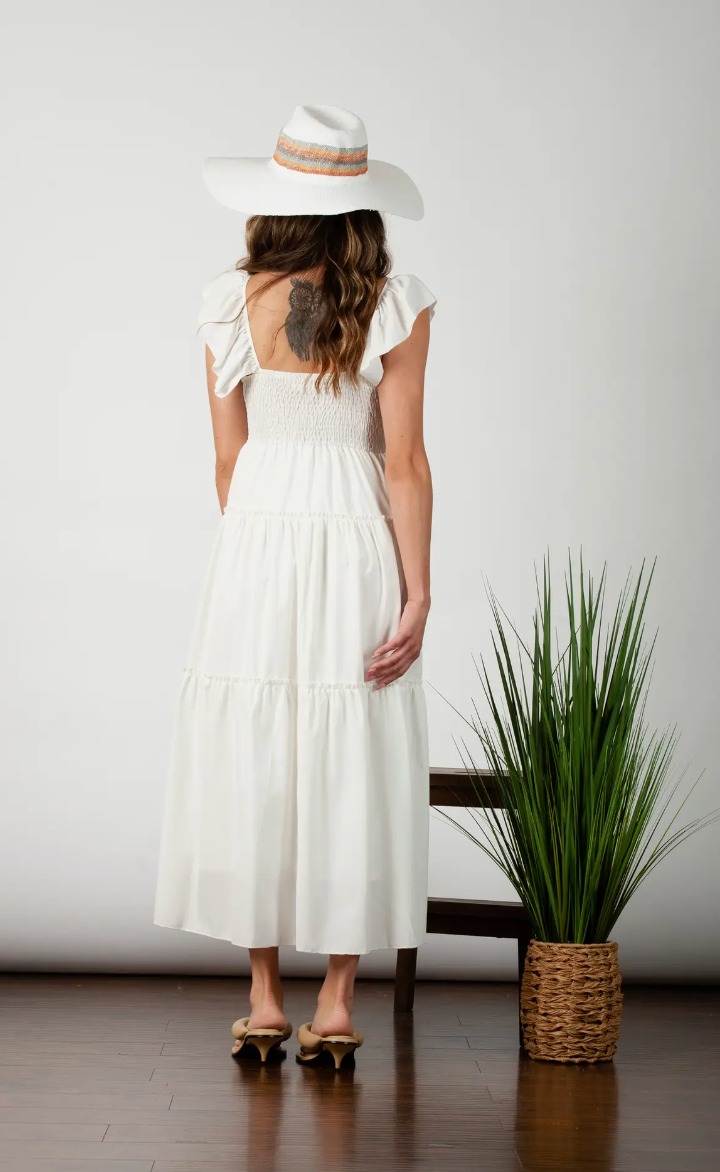 White Bodice Ruffle Strap Maxi Dress