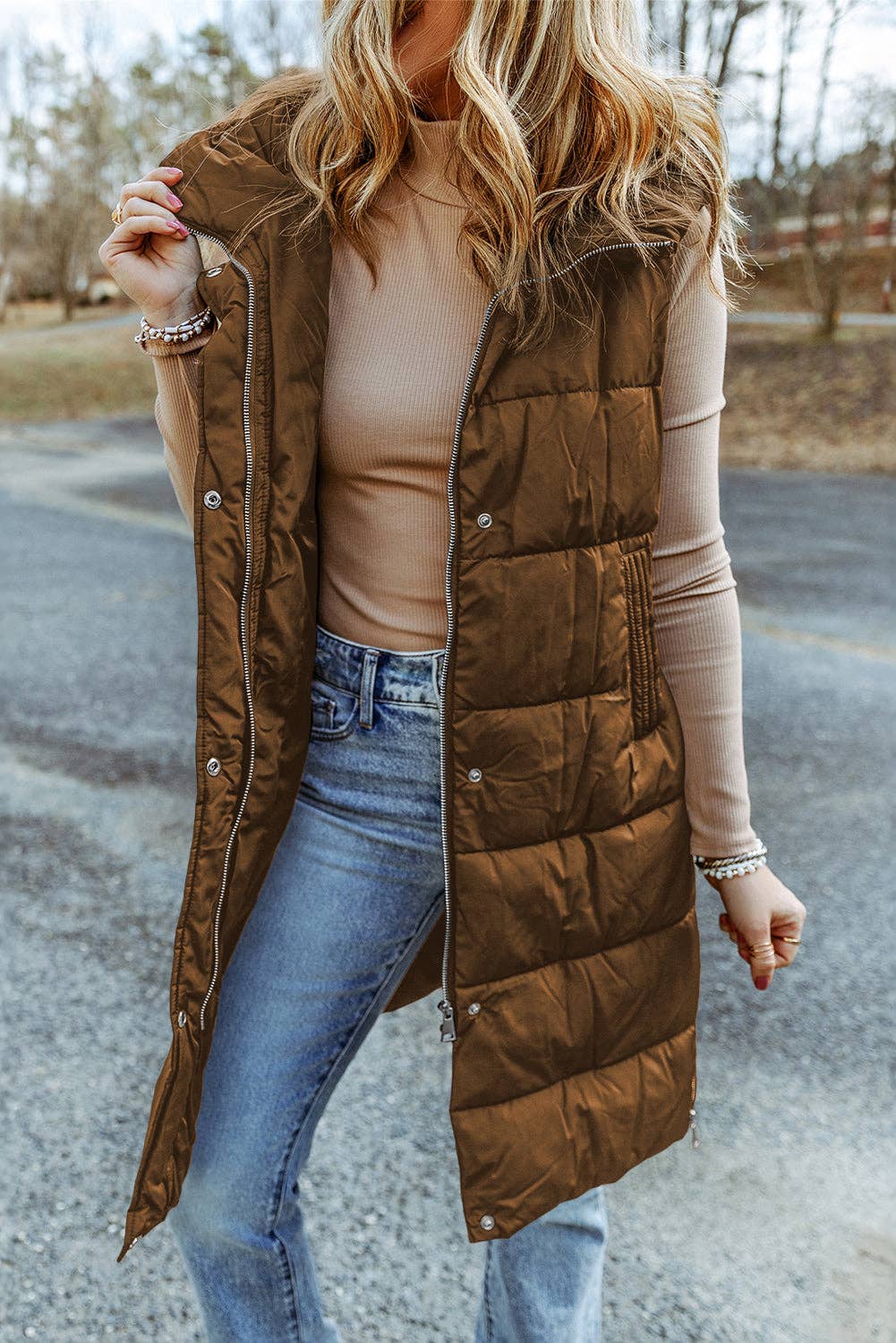 Hooded Long Quilted Vest Coat