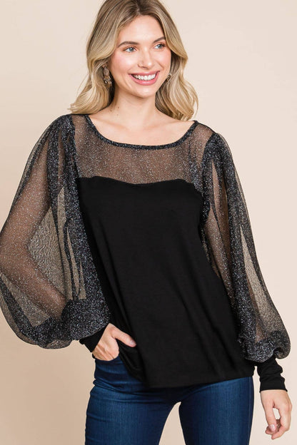 Solid Knit Top with Metallic Sleeves