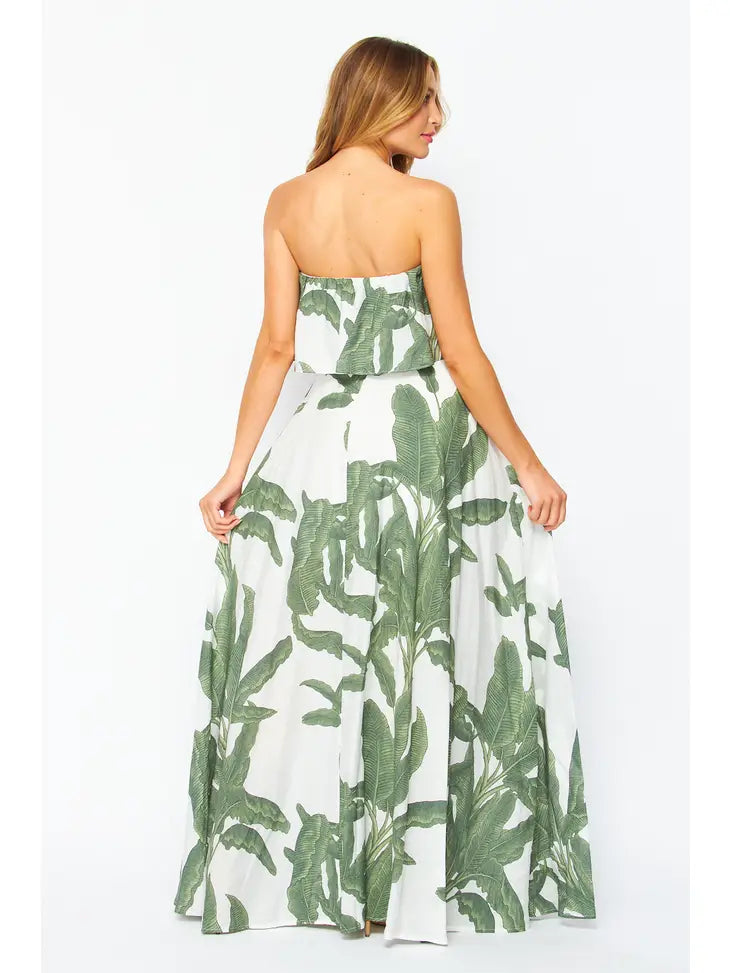 Palm Printed Woven Strapless Maxi Dress - Bella Rosa Boutique