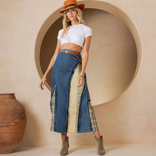 Western Boho Chic: Patch Inserted Denim Midi Skirt- New