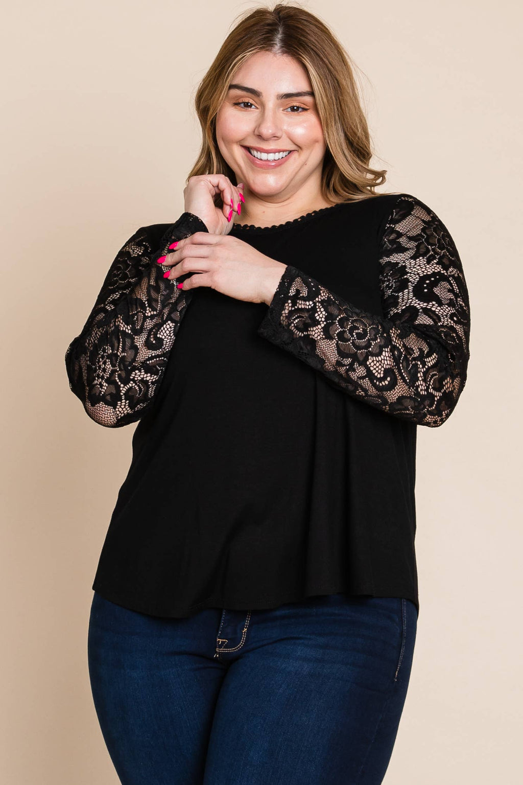 Solid Knit Top with Lace Mesh Sleeves