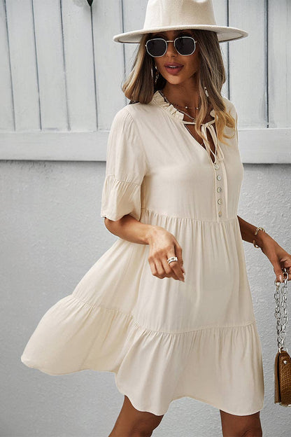 V Neck Button Up Solid Dress