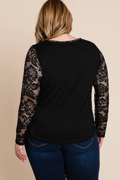 Solid Knit Top with Lace Mesh Sleeves