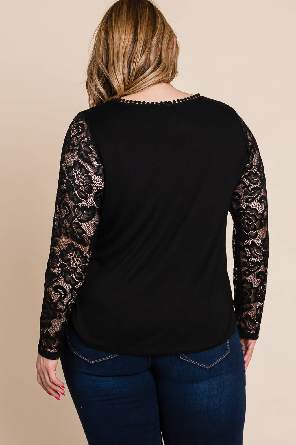 Solid Knit Top with Lace Mesh Sleeves