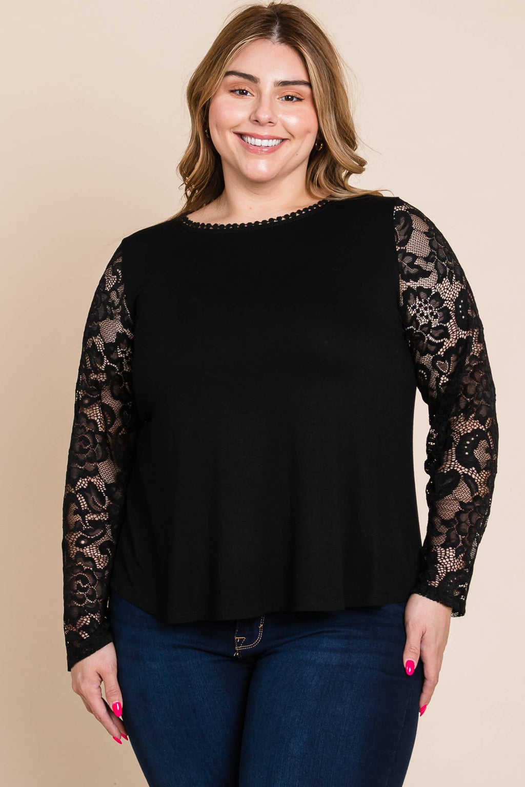 Solid Knit Top with Lace Mesh Sleeves