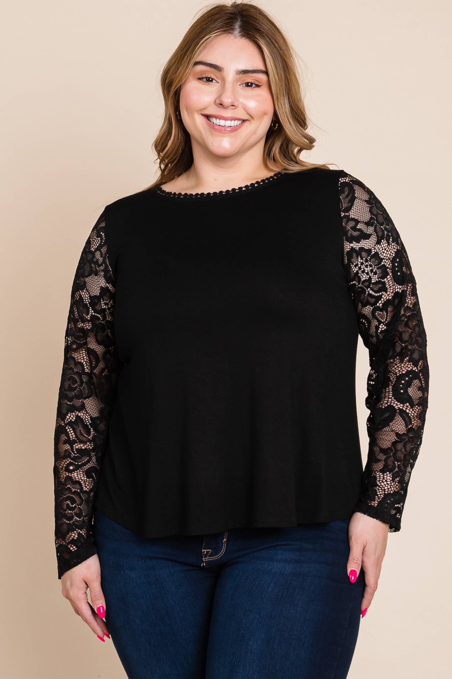 Solid Knit Top with Lace Mesh Sleeves