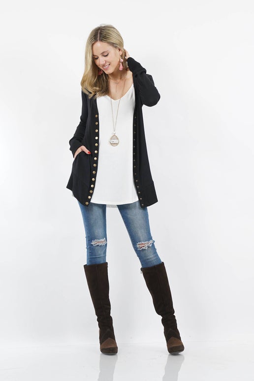 Side-Pocket Snap Button Cardigan