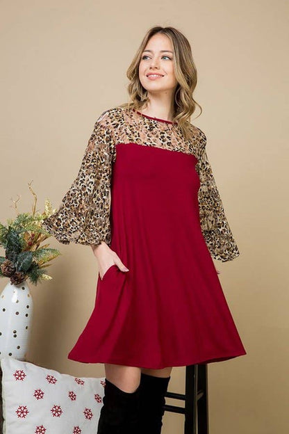 Cheetah Mesh Bell Sleeve Swing Dress