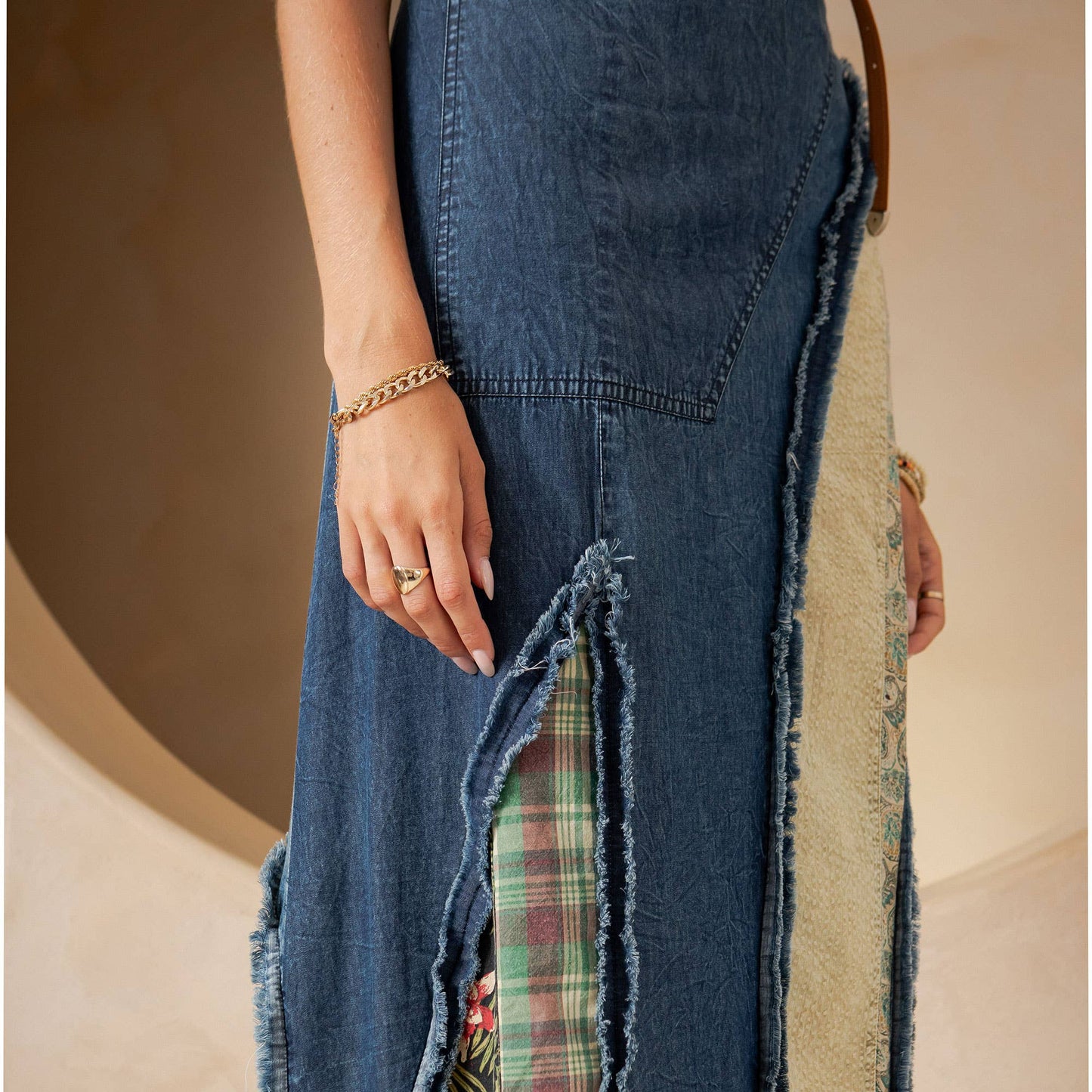 Western Boho Chic: Patch Inserted Denim Midi Skirt- New