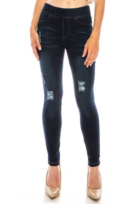 Dark Wash Distressed Pull-On Jeans