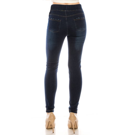 Dark Wash Distressed Pull-On Jeans
