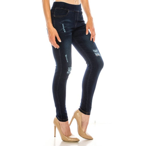 Dark Wash Distressed Pull-On Jeans