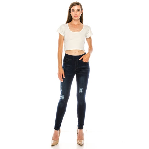 Dark Wash Distressed Pull-On Jeans