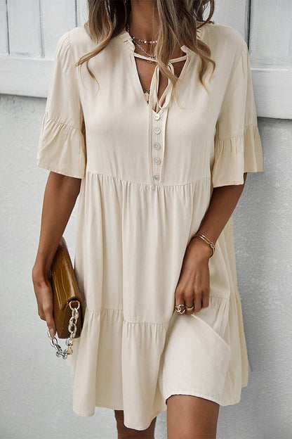 V Neck Button Up Solid Dress