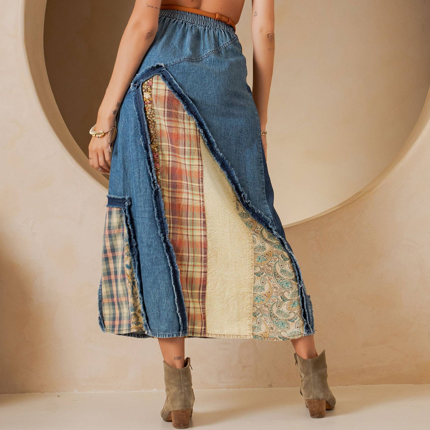 Western Boho Chic: Patch Inserted Denim Midi Skirt- New