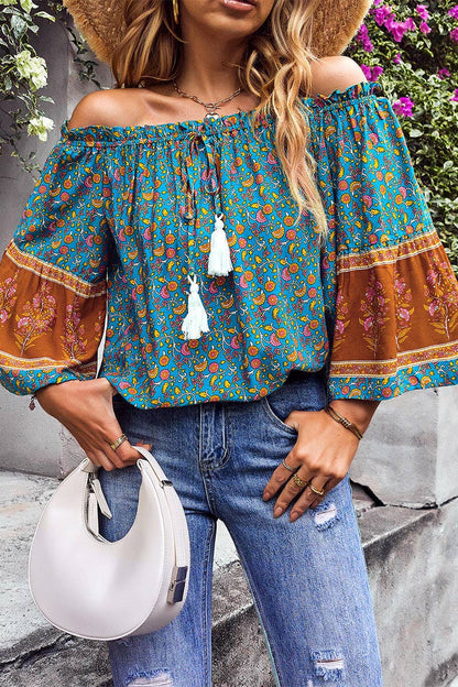 Off Shoulder Long Sleeve Drawstring Color Blocked Floral Top