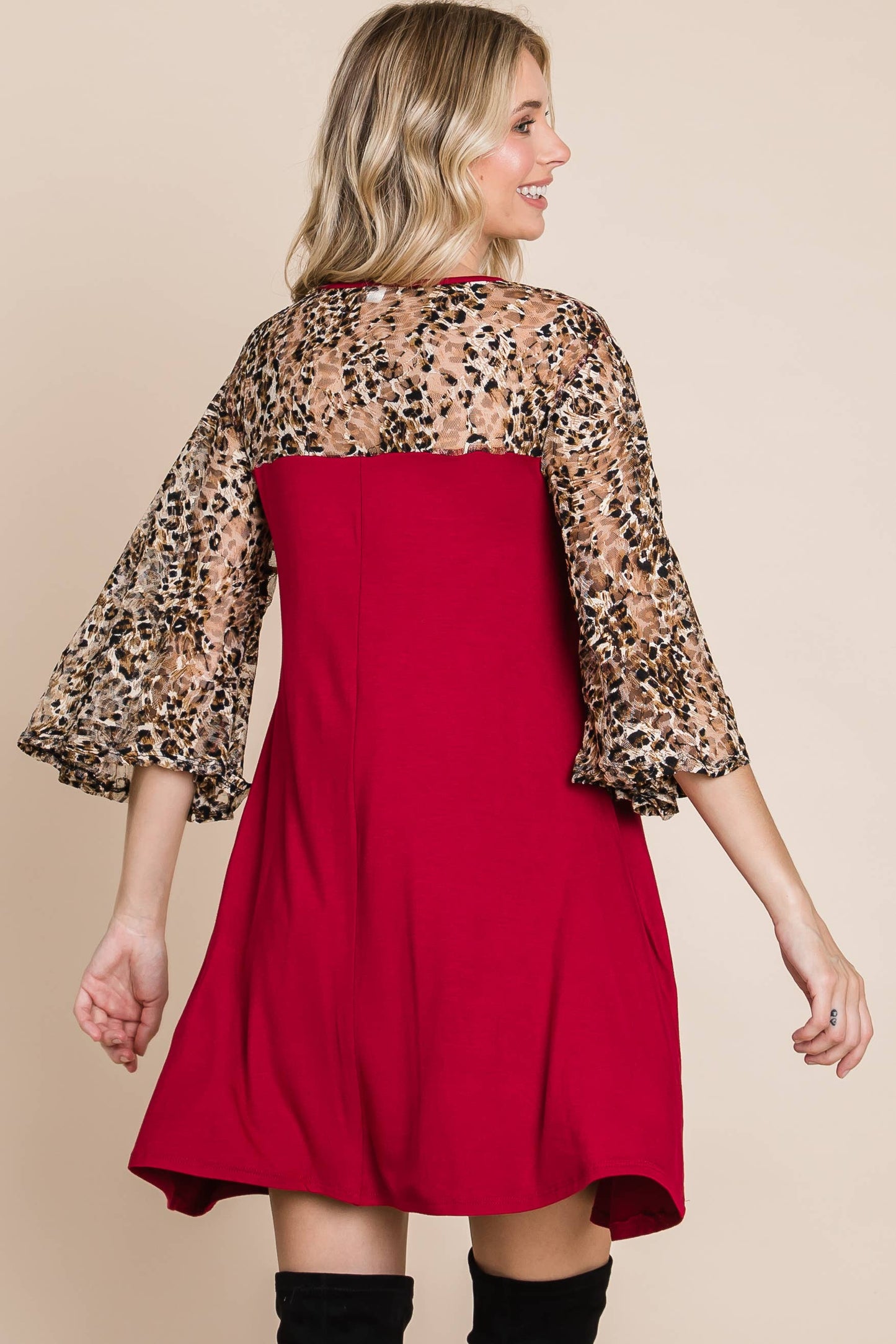 Cheetah Mesh Bell Sleeve Swing Dress