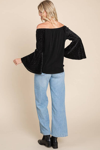 Off Shoulder Velvet Animal Mesh Top