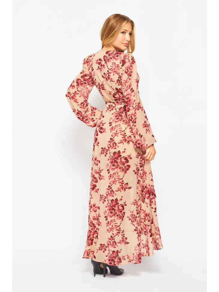 Floral Print Hi-Lo Woven Long Sleeve Wrap Dress - Bella Rosa Boutique