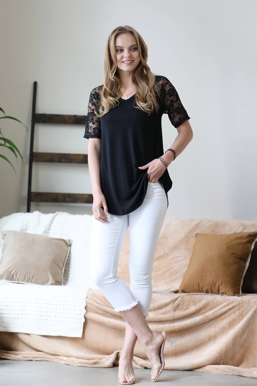 V-Neck Lace Sleeve Top