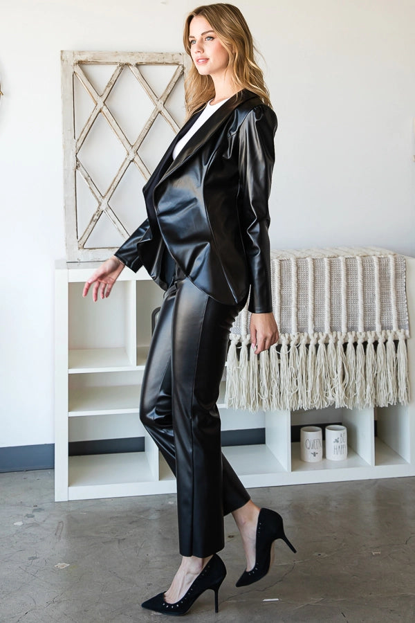 Faux Leather Open Blazer